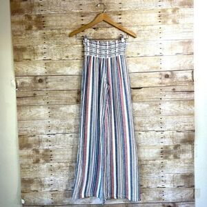 Rewash Brand Multi Color Striped‎ Wide Leg Linen Blend Pants Womens XS Smocked